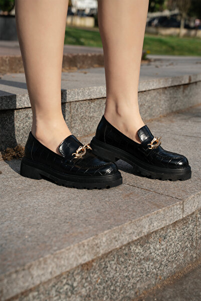 Marjin Rizya Black Croco - Women's Loafer, Thick Sole and Buckle Moccasin Casual Shoes