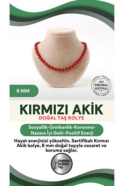 OSMANLI DEĞERLİ TAŞ Sertifikalı Kırmızı Akik Doğaltaş Kolye 8 Mm, M513