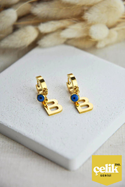 Brextco Store Altın Renkli "B" Harfli Nazar Boncuklu Küpe