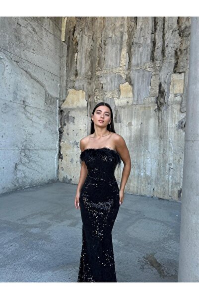 Modafeminen Βραδινό φόρεμα με παγιέτες με πούπουλα με λεπτομέρειες βελούδινο μαύρο φόρεμα 583286