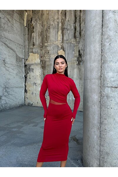 NDN STORE Țesătură flexibilă de nisip din tul decoltat detaliat guler cu mânecă lungă rochie creion lungime midi roșu 583154