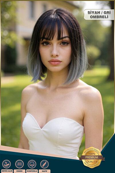 KONAK PERUK Küt Perçemli Fiber Sentetik Peruk - Siyah / Gri Ombreli
