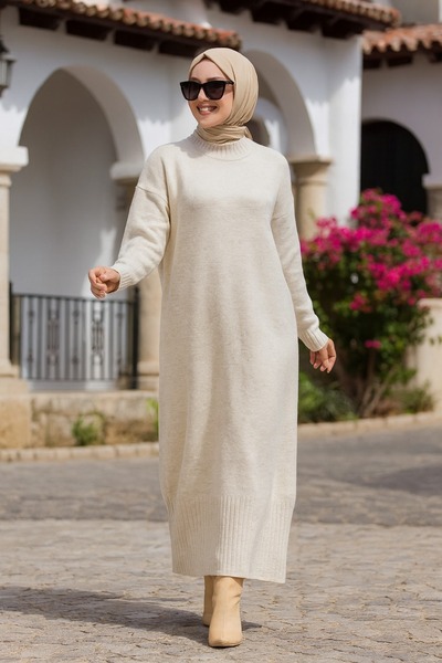 Neva Style Beige Hijab Knitwear Dress 3409Beige