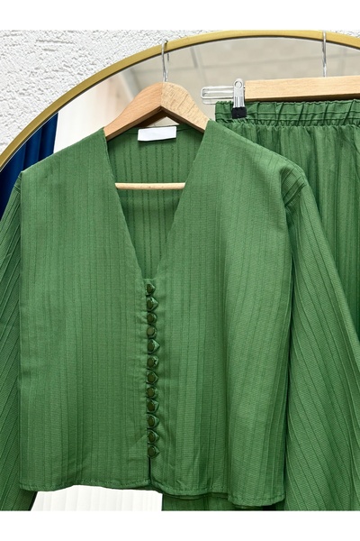 MİHRA STORE Ascona Sleeve Lace-Up Buttoned Skirt Ruffled Dubai Suit-Ek459 Green