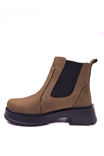 DONDUK Kadın Hakiki Gerçek Nubuk Deri Lastikli Chelsea Kısa Tütün Kahve Bot