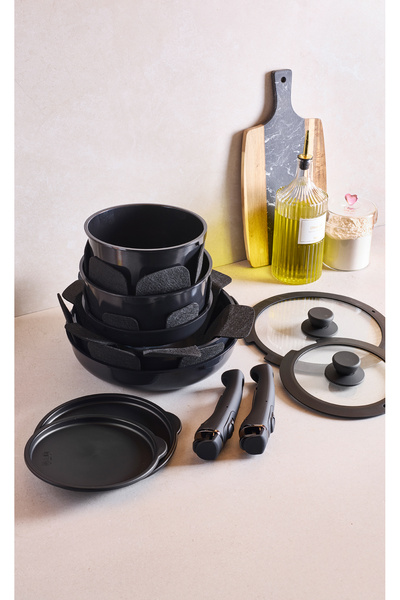 Perotti Beta Black 15 Piece Cookware Set Aluminum Casting Induction Base Ceramic Coating Cookware Pan Set