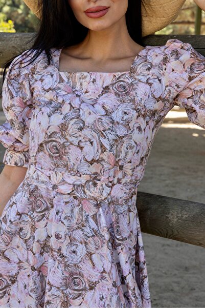 KÜÇÜĞÜM BUTİK Καφέ παστέλ φλοράλ φόρεμα με καρπούζι με τετράγωνο γιακά