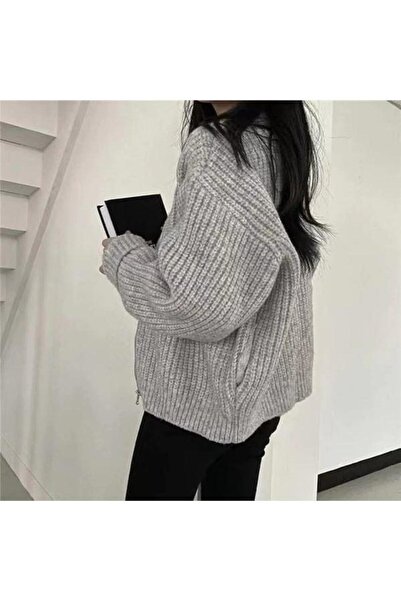 nathia outdoors Oversize Selanik Örme Fermuar Detaylı Triko Kadın Hırka