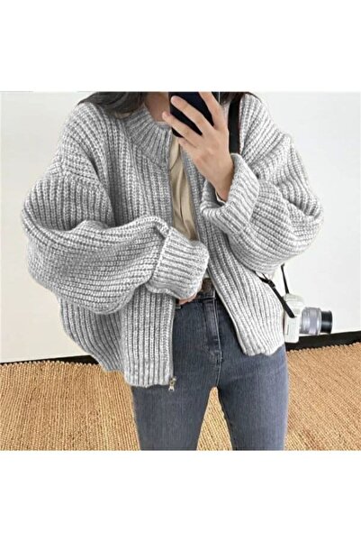 nathia outdoors Oversize Selanik Örme Fermuar Detaylı Triko Kadın Hırka