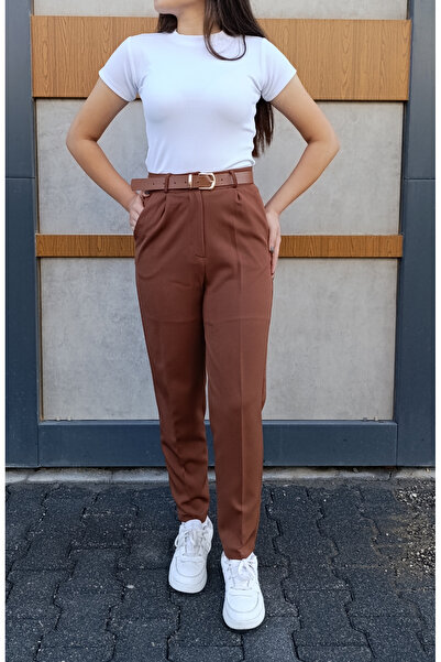 siyalife Women's Narrow Leg Leather Belt Detailed Pleated Crepe Fabric Brown Trousers