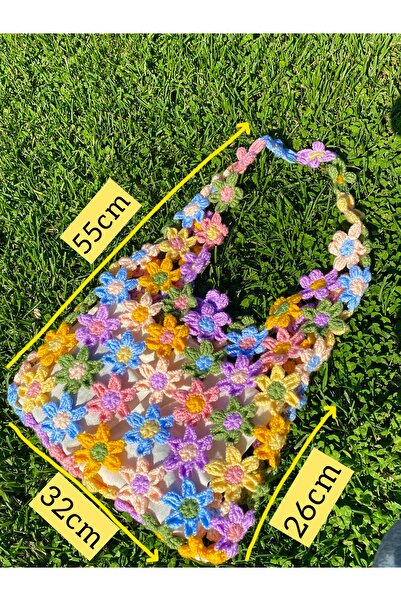 mor kedi Renkli Çiçek Çanta El Yapımı Örgü Omuz Çantası (2 adet 15*20 eşya kesesi hediyeli)