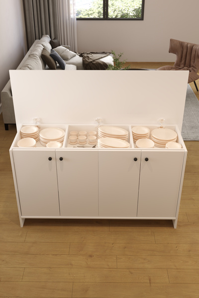 AEKA AE-2080 Patentli Ayder Mutfak Adası Bar Masası Yemek Masası Dolaplı, Beyaz Raflı, Çok Amaçlı 160 CM