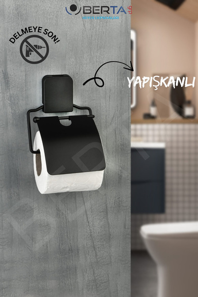 Berta Hijyen Kare Yapışkanlı Siyah Kapaklı Tuvalet Kağıtlığı Wc Kağıtlık Tutu...
