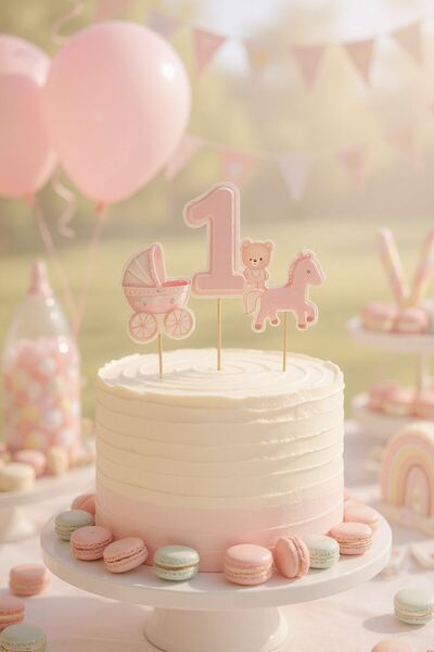 Cadde Süs Pembe 1 yaş Pasta Üstü Karakter Set Süs