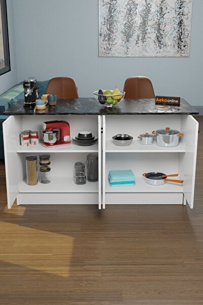 AEKA AE-2040 Vera Mutfak Adası Bar Masası Yemek Masası Dolaplı, Beyaz/S.MERMER Raflı, Çok Amaçlı 160 cm