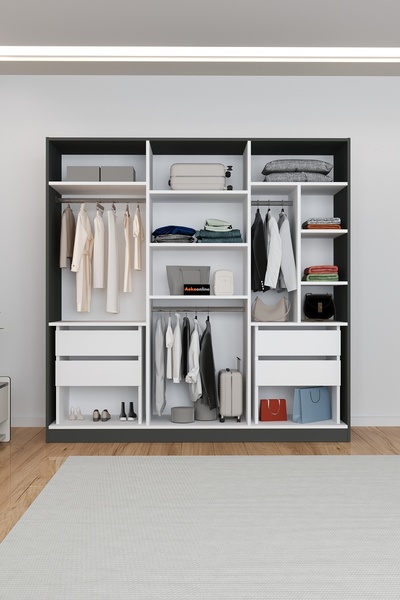 AEKA Ae-2116 Kale Aynalı Antrasit, 6 Kapaklı Gardırop, 13 Raflı, 3 Askılıklı 180 Cm Dolap