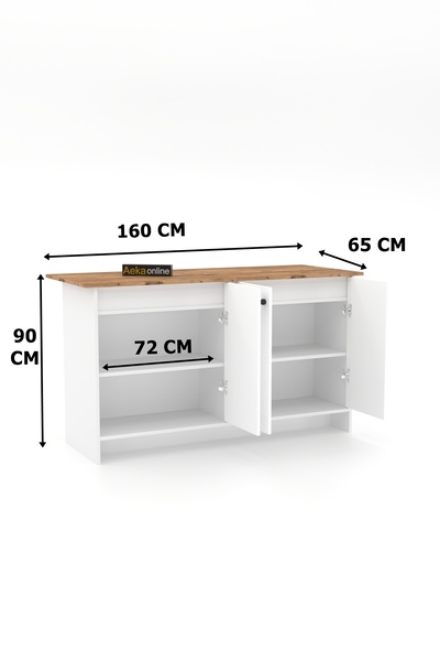 AEKA AE-2080 Patentli Ayder Mutfak Adası Bar Masası Yemek Masası Dolaplı, Beyaz Raflı, Çok Amaçlı 160 CM