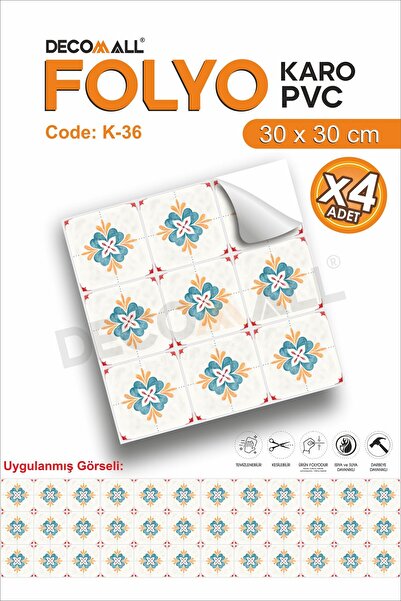 DECOMALL K-36 Kendinden Yapışkanlı FOLYO KARO Suya Dayanıklı Mutfak Banyo Zemin Kaplama 30x30 Cm(4 ADET)