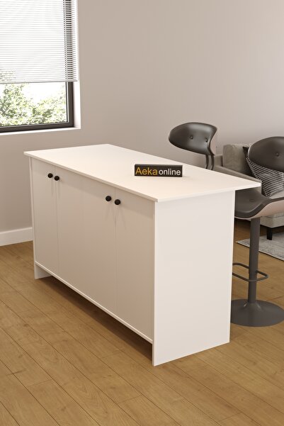 AEKA AE-2080 Patentli Ayder Mutfak Adası Bar Masası Yemek Masası Dolaplı, Beyaz Raflı, Çok Amaçlı 160 CM