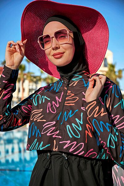 Remsa Mayo Remsa Parachute Covered Fully Covered Hijab Swimsuit R046 Black Color Neon