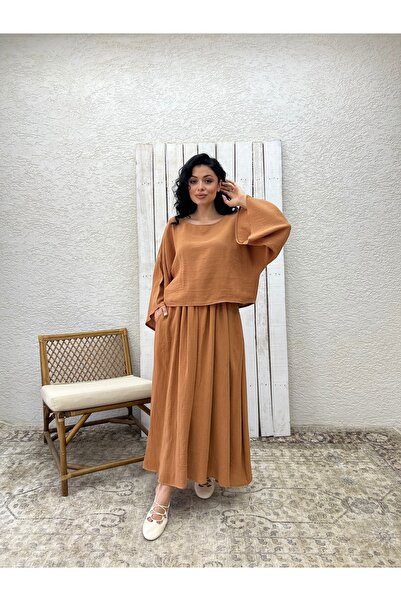 KÜÇÜĞÜM BUTİK Camel Muslin Casual Blouse and Flared Skirt Set (Set of 2)