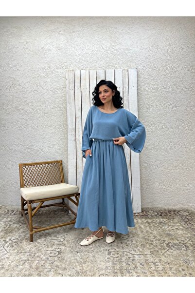 KÜÇÜĞÜM BUTİK Indigo Blue Muslin Loose Blouse and Flared Skirt Set (Set of 2)