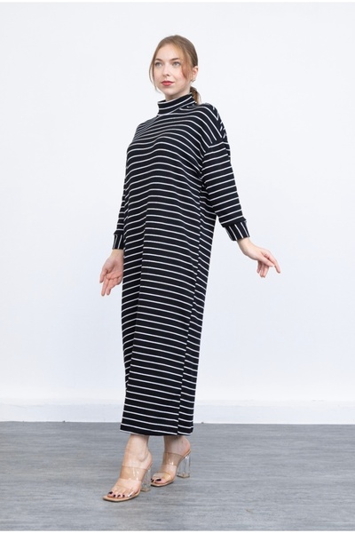 AZR Women's Black and White Striped Standard Stretchy Long Knitted Hijab Dress