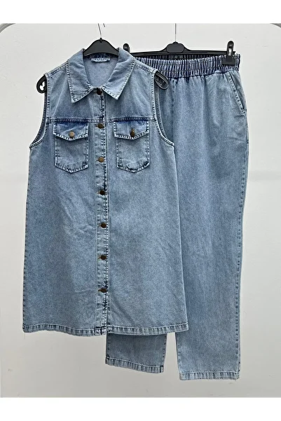ALLMİRA FASHION Snow Blue Hijab Double Set - Denim Vest and Trousers