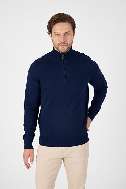 hateko Navy Blue 100% Cotton Half Zipper Stand Collar Knitwear Sweater