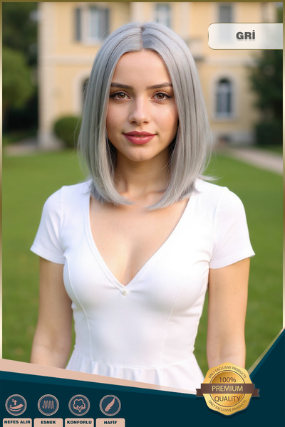 KONAK PERUK Fiber Sentetik Peruk Perçemsiz Kısa Düz - Gri