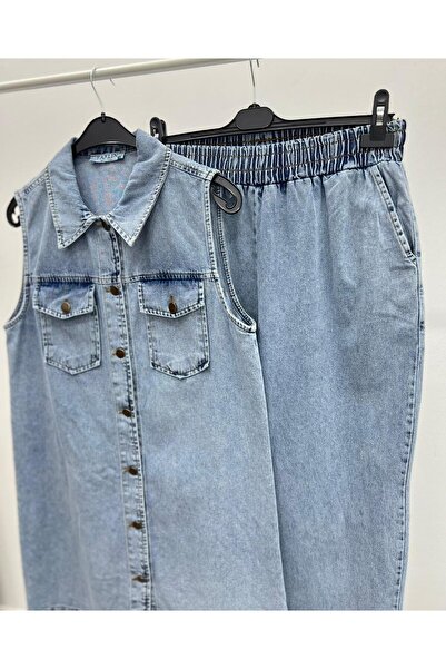 ALLMİRA FASHION Snow Blue Hijab Double Set - Denim Vest and Trousers