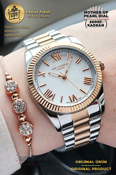 Lee Cooper ساعة يد نسائية أصلية مع سوار هدية، مينا ذهبي وردي وفضي