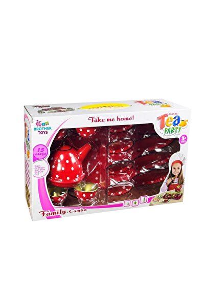 Brother Toys 15 Piece Polka Dot Metal Tea Set for Home and Kitchen, Cup, Teapot and Saucer 24 Cm. Red