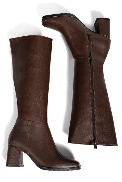 moun shoes Dámské hořkohnědé kozačky na podpatku se zipem ke kolenům s tupou špičkou
