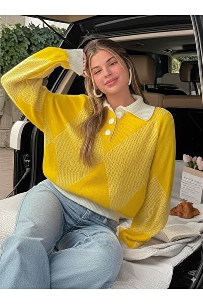FLEX FASHION Kadın Polo Yaka Trend Oversize Popüler Triko Kazak (sarı)
