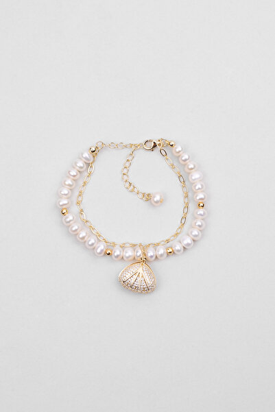 So CHIC... Saklı İnci 18 Ayar Sarı Altın Kaplama 21 Cm Gümüş Tasarım Bileklik