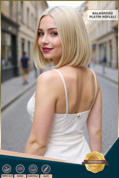 KONAK PERUK Fiber Sentetik Peruk Perçemsiz Kısa Düz - Balköpüğü / Platin Röfleli