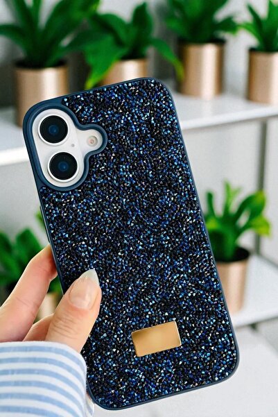 KVK PRİVACY iPhone 16 Uyumlu – Elmas Tasarımlı, Lacivert Taşlı, Işıltılı Pırl...