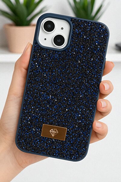 KVK PRİVACY iPhone 13 / 14 / 15 Uyumlu – Elmas Tasarımlı, Lacivert Taşlı, Işı...