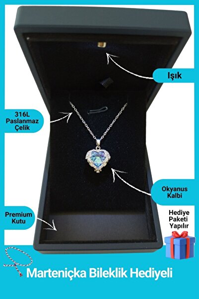 SeyCey.co في صندوق مضاء ممتاز | قلادة على شكل قلب المحيط من الحجر الأزرق باللون الفضي | فولاذ 316 لتر - غير قابل للتشويه | هدية المرأة