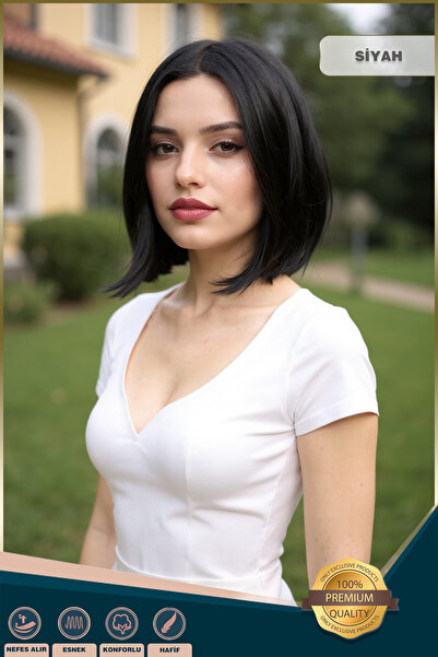 KONAK PERUK Fiber Sentetik Peruk Perçemsiz Kısa Düz - Siyah