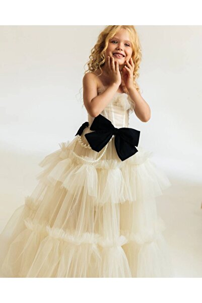 Laviella Kids Couture Kız Çocuk Krem Renk İnci Fiyonk Detaylı Tül Elbise