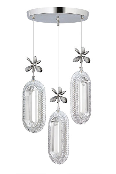 Marsel Lighting SERRA Model 3'lü Krom 3 Renk Modu Ledli Kristal Taşlı Modern Salon Mutfak Oturma Odası Led Avize