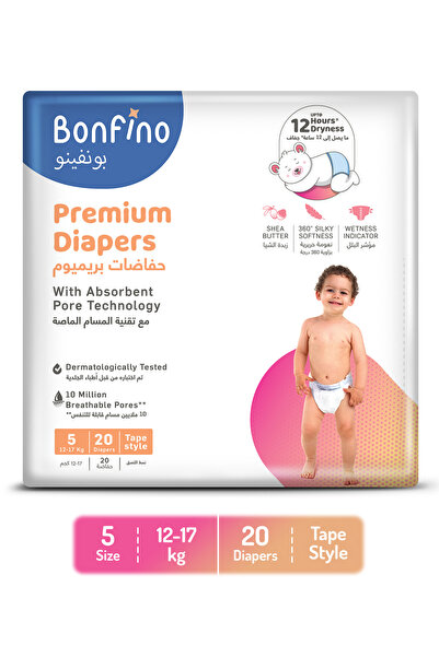 Bonfino Premium Tape Style Diaper, Size 5, Extra Large - 20 Pieces