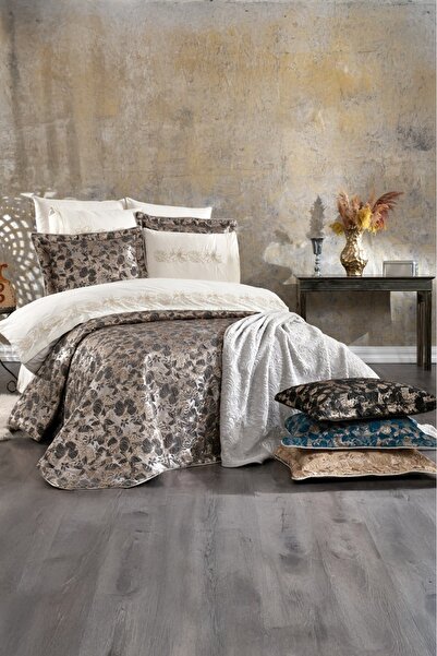 NAKIŞHAN Adya Double Dowry Bed Sleeping Set Package-Anthracite 10 Pieces