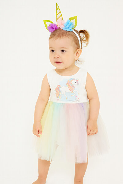 lilico Renkli Kız Çocuk Unicorn Taçlı Eblise