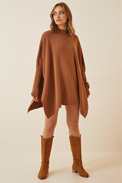 ROKİDS Women's Black Side Slit Oversize Poncho Knitwear Sweater