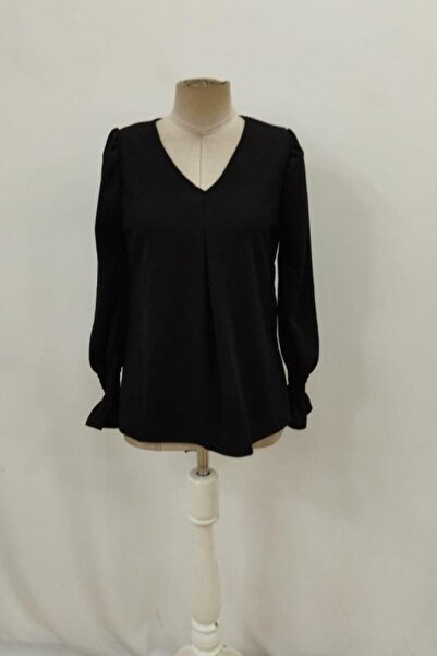 Mossta Εισαγόμενη μπλούζα κρεπ με λαιμόκοψη V και ελαστικά μανίκια - Μαύρη