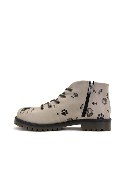 Goby Kara Kedi Baskılı Kadın Bej Kısa Bot