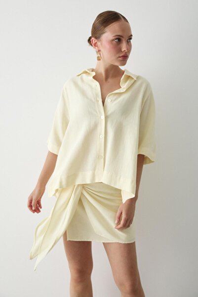 Laluvia Yellow Lace-Up Detailed Skirt Shirt Set